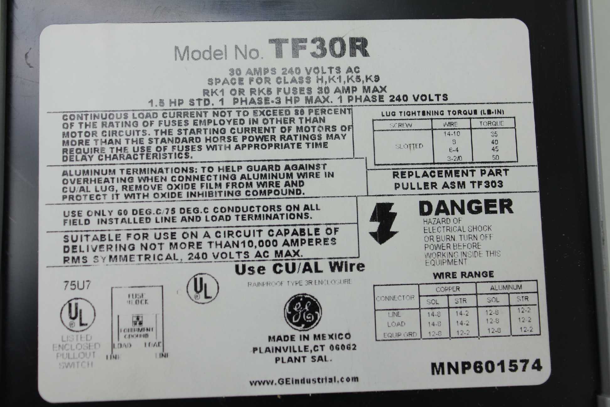 GE TF30R Puller Type Air Conditioner Disconnect Steel Enclosure Nema 3R