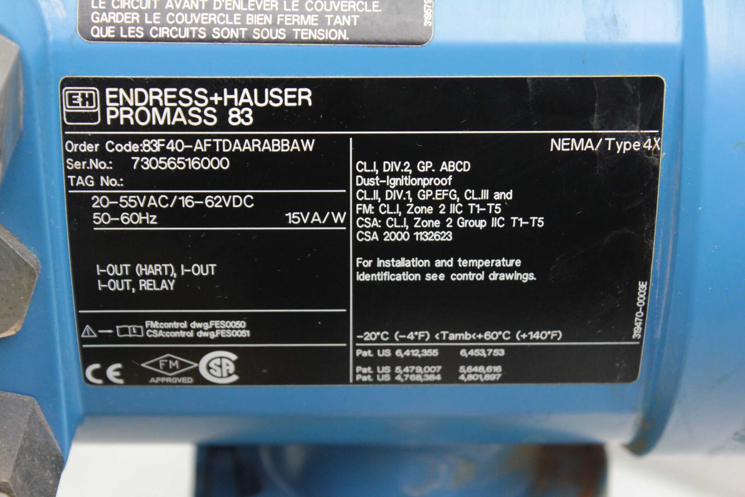 Endress + Hauser 83F40AFTDAARABBAW Promass 83 Flow Meter DN40 11/2